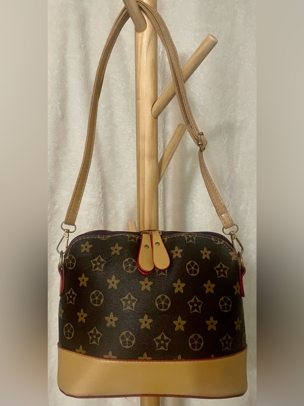 Designer-Style Brown Monogram Crossbody Bag - Tan Strap